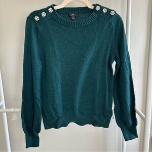 J. Crew green crew neck sweater with jeweled buttons on shoulders